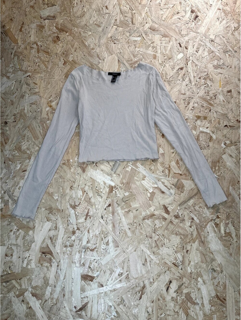 Forever 21 Crop Top Womens Small Beige Ribbed Knit Long Sleeve Scoop Neck Tee